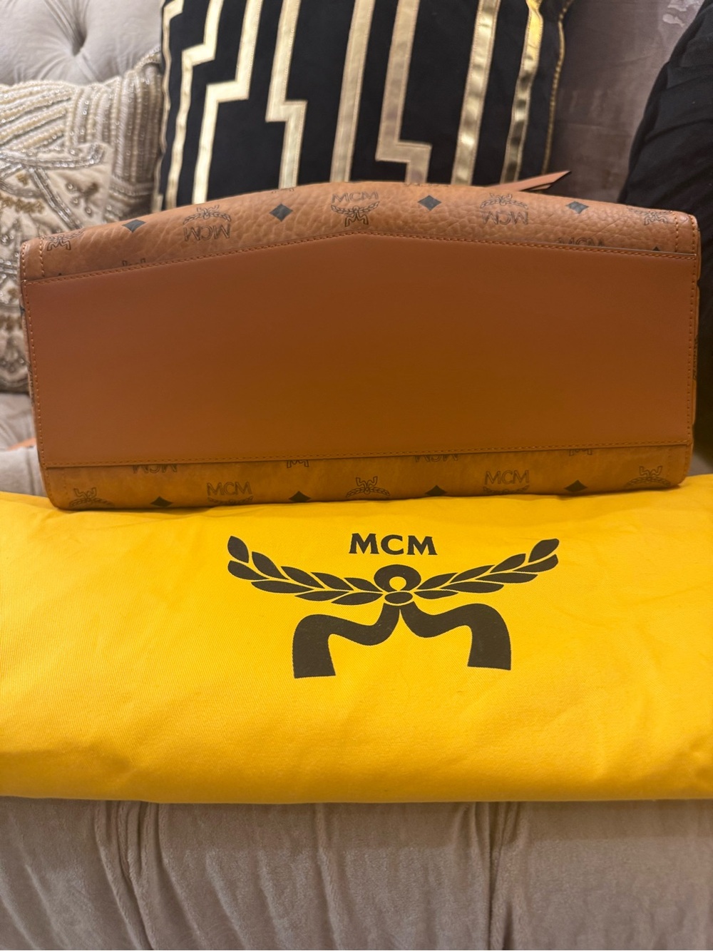 MCM Mustard Yellow Suede Interior with Embossed Leather Patch - Picture 7 of 16